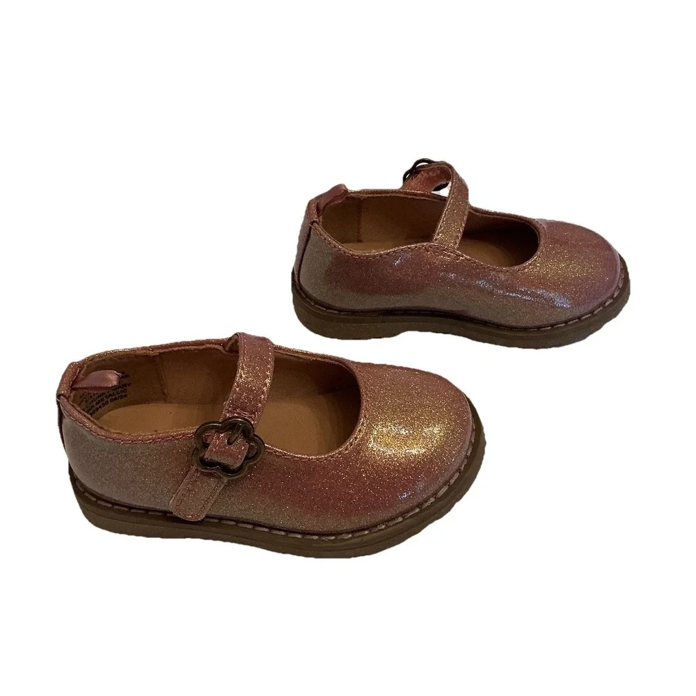 Old Navy‎ Mary Jane Shoes Glitter Look Pink Flower Buckle Toddler Size 6 Sparkle